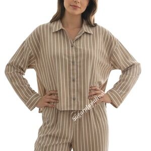 Everlane The Woven PJ Top Cropped Pajama‎ Shirt SMALL Brown Striped Cotton Boxy